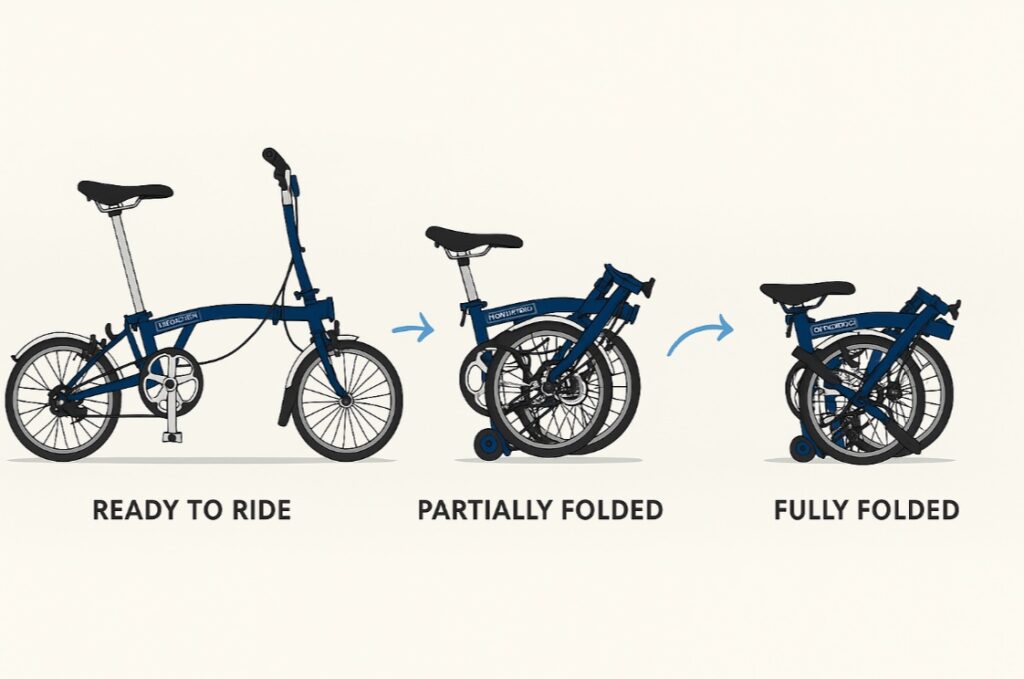 브롬톤 자전거의 3단 폴딩 과정을 단계별로 보여주는 인포그래픽. 'READY TO RIDE', 'PARTIALLY FOLDED', 'FULLY FOLDED' 세 단계로 구성됨.