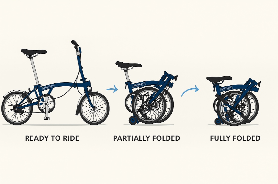 브롬톤 3단 폴딩 과정 일러스트 — Ready to Ride, Partially Folded, Fully Folded 세 단계