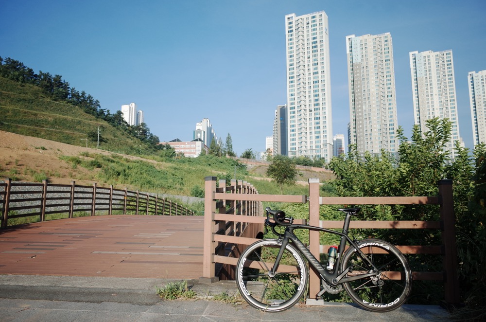 도심 고층 아파트를 배경으로, 나무 난간 옆에 세워진 블랙 로드바이크. 푸른 하늘과 초록 식생이 조화를 이루는 자전거 산책로의 아침 풍경.