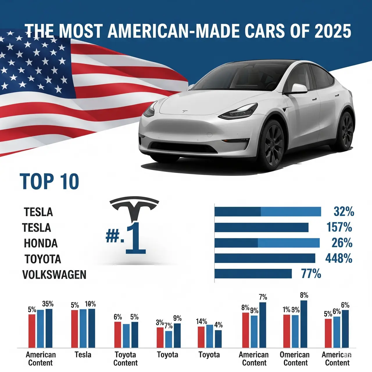 2025 가장 미국적인 자동차 순위표 테슬라 모델 Y AMI Cars.com