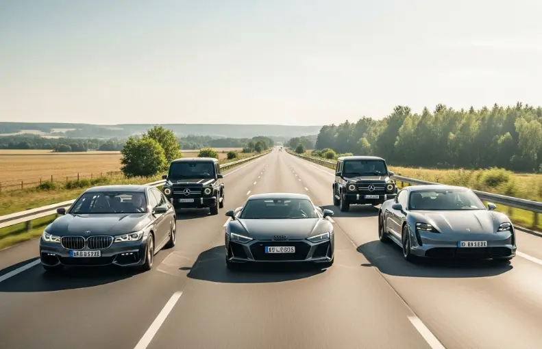 고속도로 위를 나란히 달리는 BMW 7시리즈, 벤츠 G클래스, 아우디 R8, 포르쉐 타이칸. 2024년 고급차 판매 순위를 두고 벌이는 브랜드 간의 치열한 경쟁을 상징하는 대표 이미지.