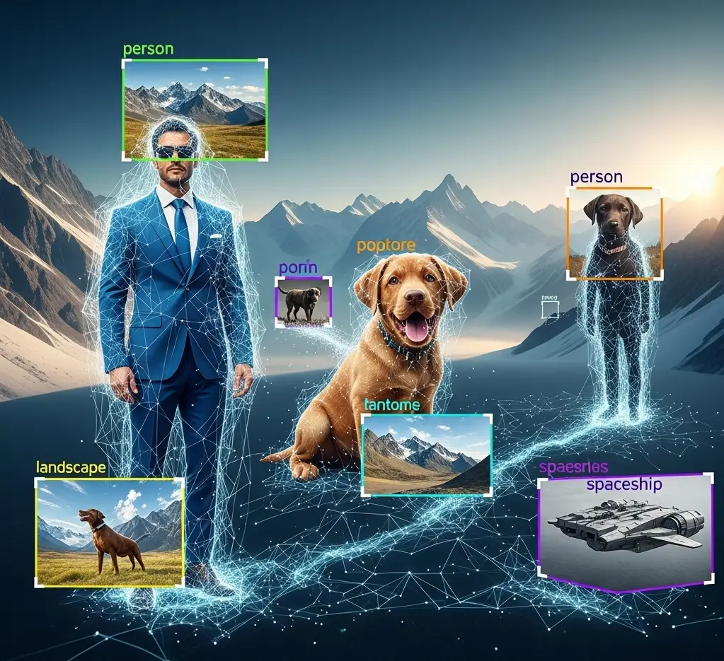 인공지능(AI)이 사람, 강아지, 풍경, 우주선 등 다양한 객체를 인식하여 각각의 카테고리(person, dog, landscape, spaceship 등)로 분류하고 분석하는 것을 보여주는 이미지. AI가 장면을 이해하고 사진가의 의도를 파악하는 능력을 상징합니다.