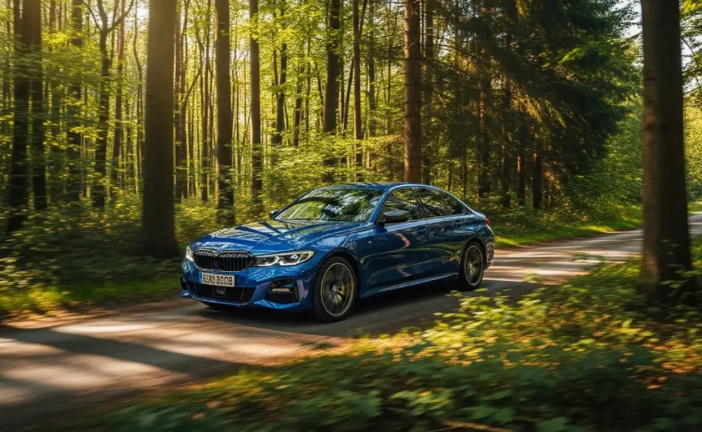 햇살이 비치는 푸른 숲속 와인딩 도로를 달리고 있는 파란색 BMW M340i.