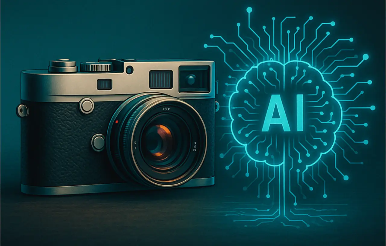 클래식한 카메라와 빛나는 인공지능(AI) 뇌 모양 회로도가 함께 있는 모습으로, **AI와 사진의 미래**를 위한 기술과 예술의 융합을 상징합니다.