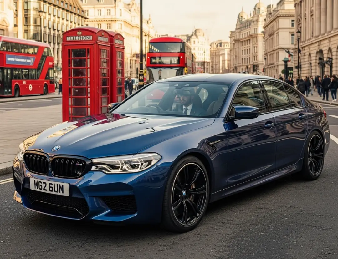 모터트렌드가 선정한 가장 빠른 BMW TOP 10을 소개하는 블로그 썸네일 이미지. 전면에 BMW M5 CS가 잠시 정차 중이며, 배경에는 런던 시내가 펼쳐져 있다.