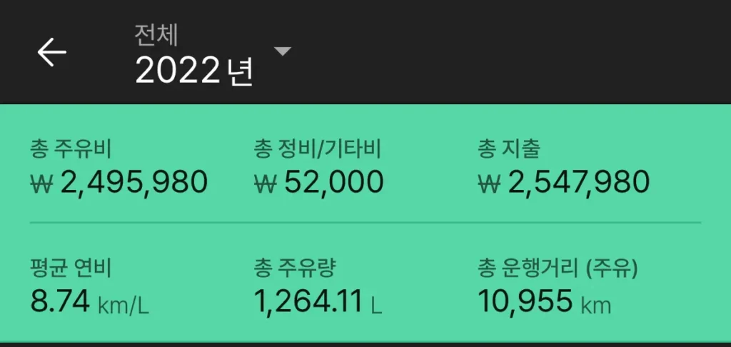 2022년 BMW M340i 주행 기록. 총 운행거리 10,955km, 평균 연비 8.74km/L, 총 주유비 2,495,980원.