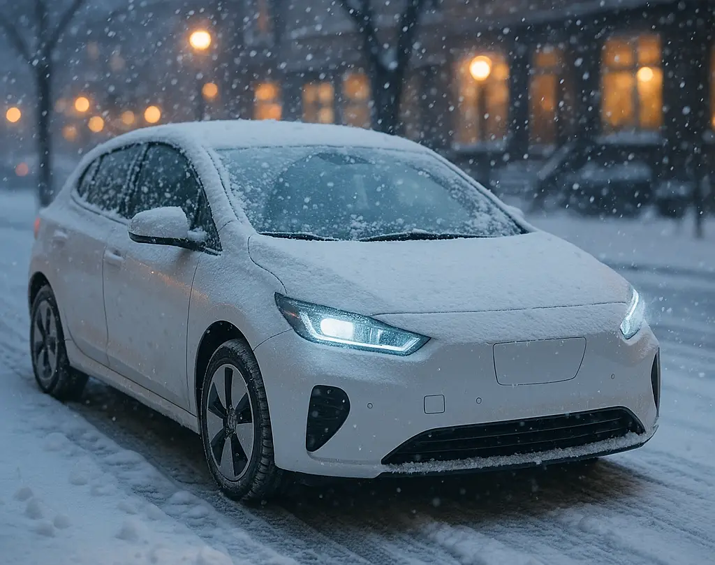 눈이 내리는 밤, 도로 위에 눈이 쌓인 흰색 전기차의 전면 모습. 헤드라이트가 켜져 있고, 차체 전체에 눈이 덮여 있다. 주변은 흐릿한 가로등 불빛과 눈발이 보인다.