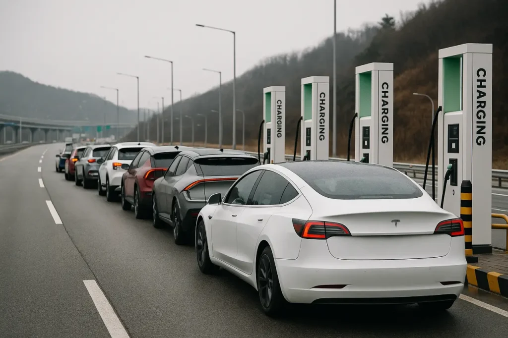 고속도로 휴게소 전기차 충전소에 여러 대의 전기차가 충전을 위해 길게 줄지어 서 있는 모습. 충전기 수는 제한적인 반면, 대기하는 차량이 많아 혼잡하다.