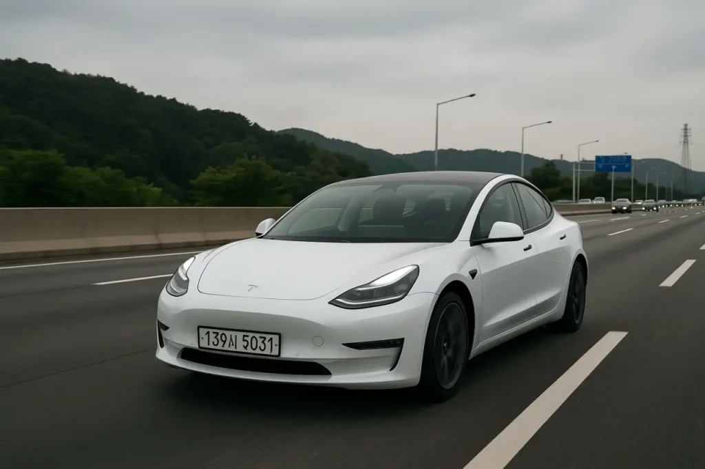 흰색 테슬라 모델 3 차량이 한국의 고속도로를 주행하고 있는 모습. 흐린 날씨 아래, 녹색 산이 보이는 배경의 도로 위를 달리고 있다.