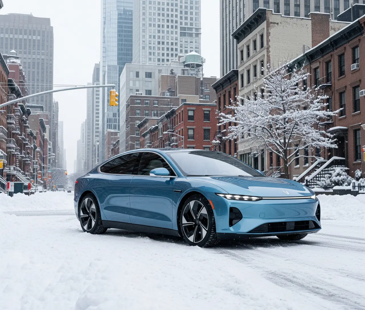 눈 덮인 도시 거리 위에 주차된 파란색 전기차. 차체와 주변 건물, 나무에 흰 눈이 쌓여 겨울 분위기를 연출한다.