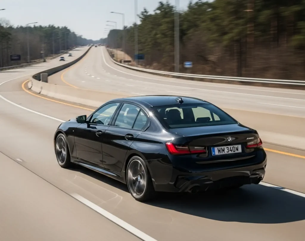 햇살 좋은 날, 고속도로 위를 빠른 속도로 질주하는 검은색 BMW M340i의 후측면. 속도감을 표현하기 위해 주변 배경에 모션 블러 효과가 적용되었다.