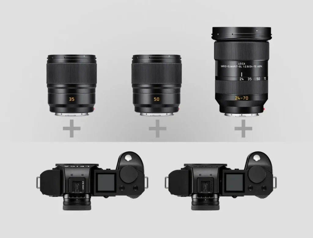 라이카 SL 시스템의 L-마운트 렌즈 3개(35mm, 50mm, 24-70mm)와 카메라 바디 2대가 배열된 모습, 렌즈 교환 시스템의 확장성을 보여주는 이미지