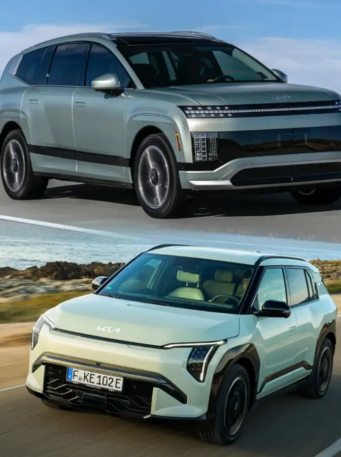 현대차 아이오닉 9(위)과 기아 EV3(아래) 전기차 SUV 모델들이 도로를 주행하는 모습