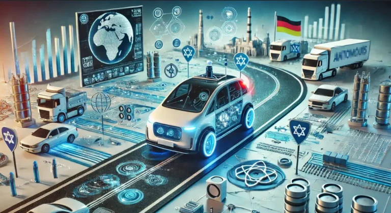 2025년 자동차 산업 트렌드를 보여주는 자율주행 전기차와 글로벌 스마트 모빌리티 기술 개념 일러스트