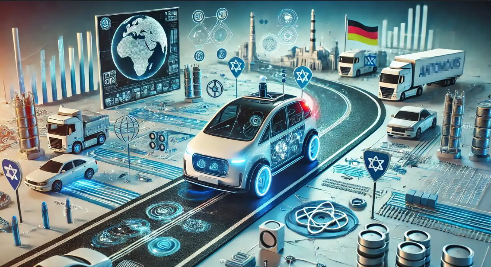 2025년 자동차 산업 트렌드를 보여주는 자율주행 전기차와 글로벌 스마트 모빌리티 기술 개념 일러스트