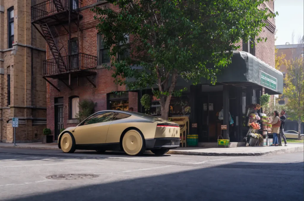 테슬라 로보택시 개념차가 도심 거리에서 자율주행하는 모습