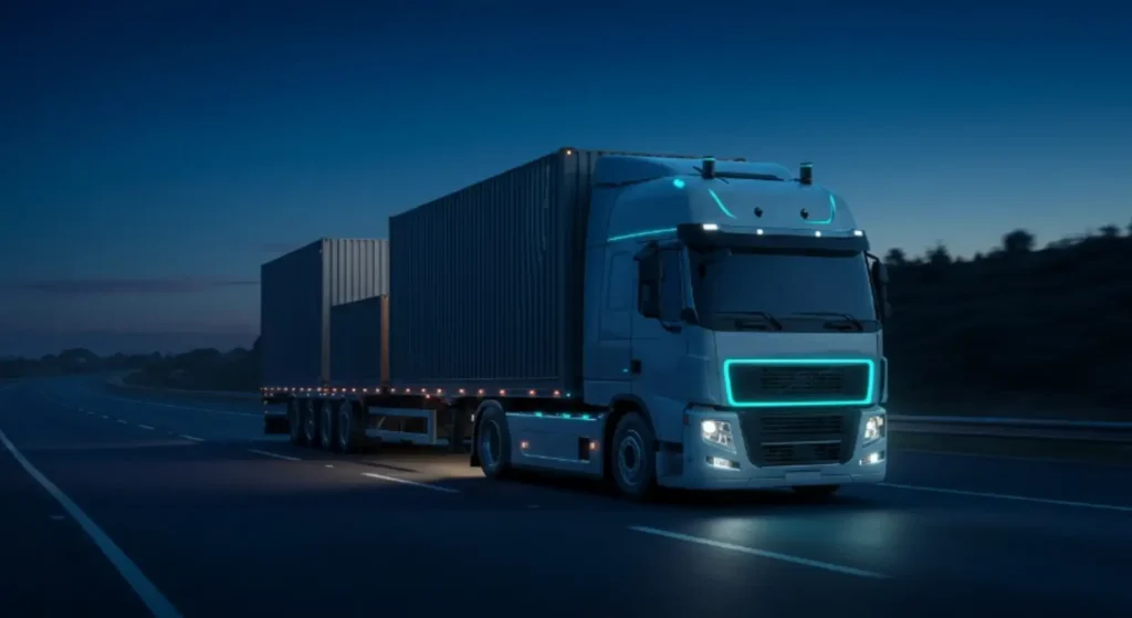 자율주행 화물차가 야간 고속도로에서 LED 조명을 켠 채 운행하는 모습
