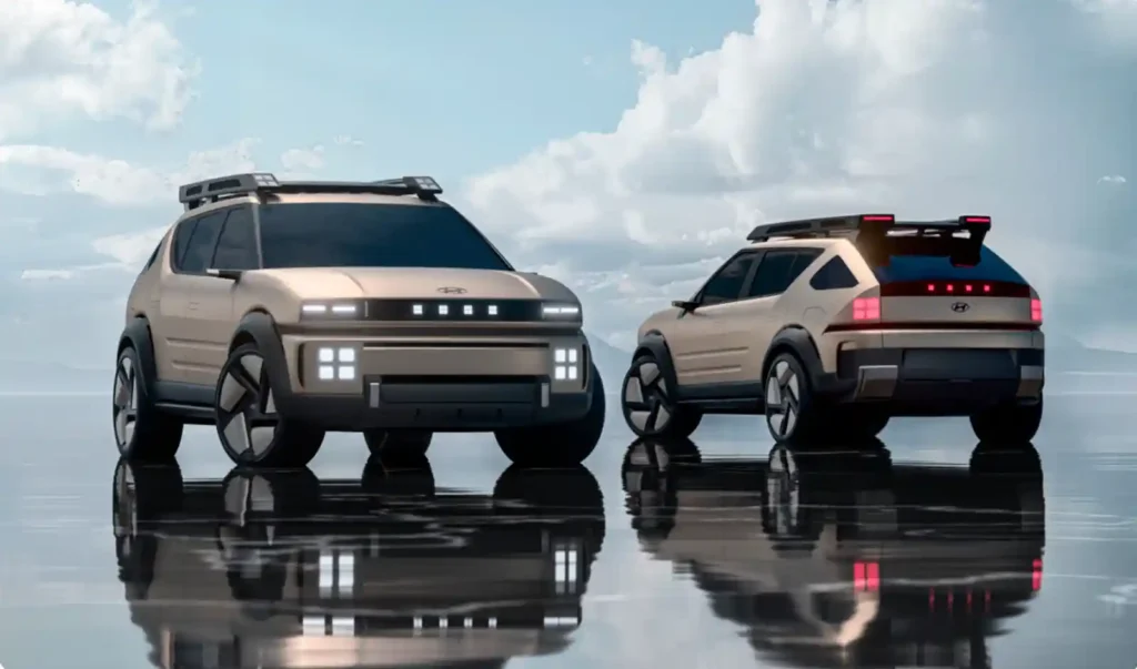 물 위에 서 있는 현대자동차의 미래지향적 수소 SUV 콘셉트카. 파라메트릭 픽셀 라이트 디자인이 특징이며, 수소 에너지의 친환경성과 혁신적인 기술을 상징함.