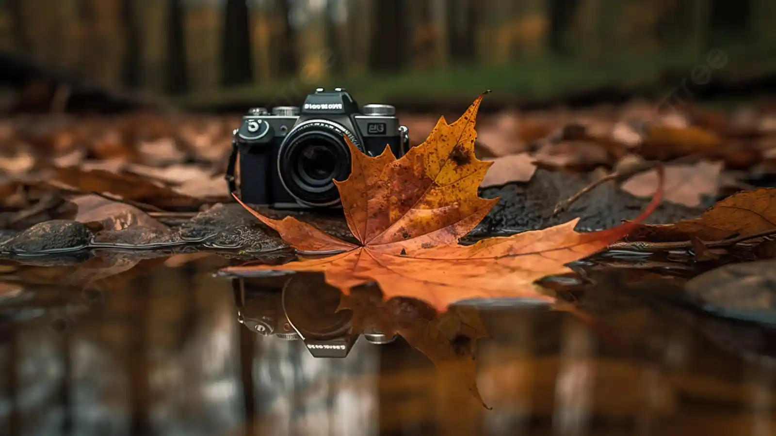 젖은 갈색 단풍잎 더미 위에 놓여 있는 클래식한 디자인의 필름 SLR 카메라