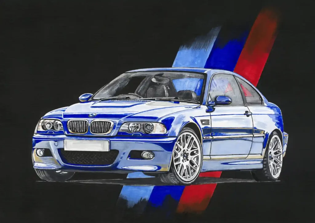푸른색 BMW E46 M3 쿠페 일러스트, 배경에 M 스트라이프 패턴