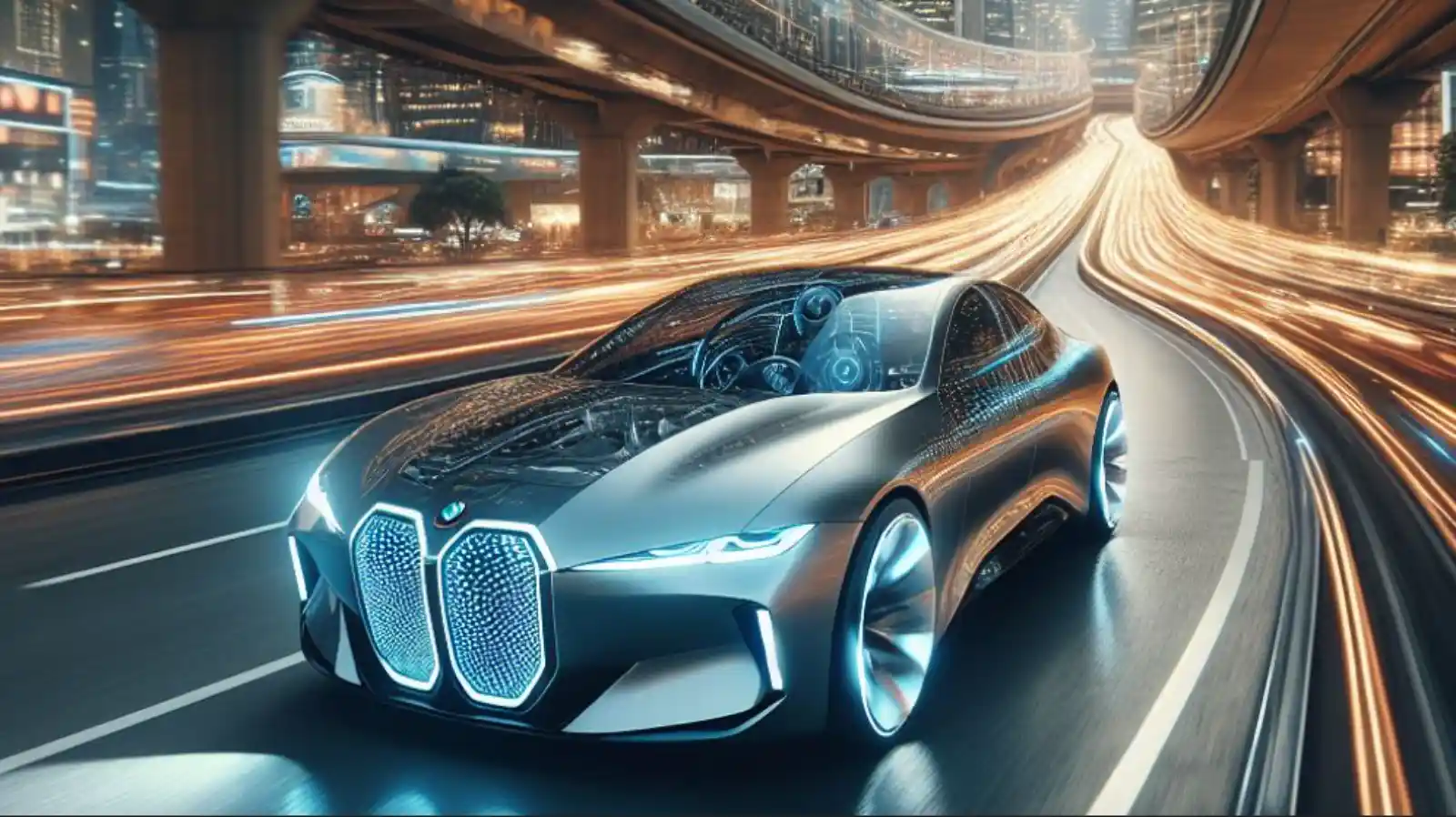 미래지향적인 디자인의 BMW SDV 콘셉트카가 빛의 흐름이 돋보이는 야간 고속도로를 역동적으로 달리는 모습