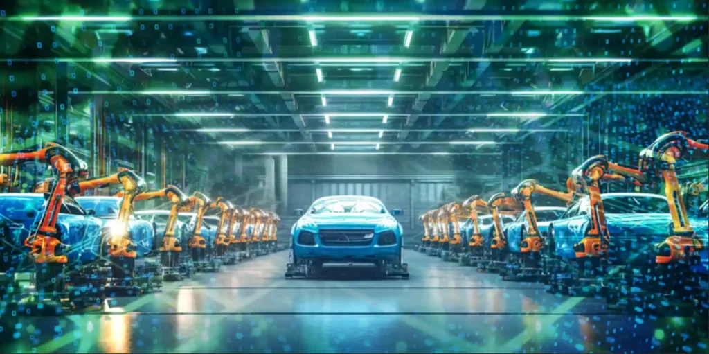 자동화된 미래형 자동차 생산 라인에서 로봇 팔들이 차량을 조립하는 모습, 디지털 데이터 흐름 효과가 강조됨