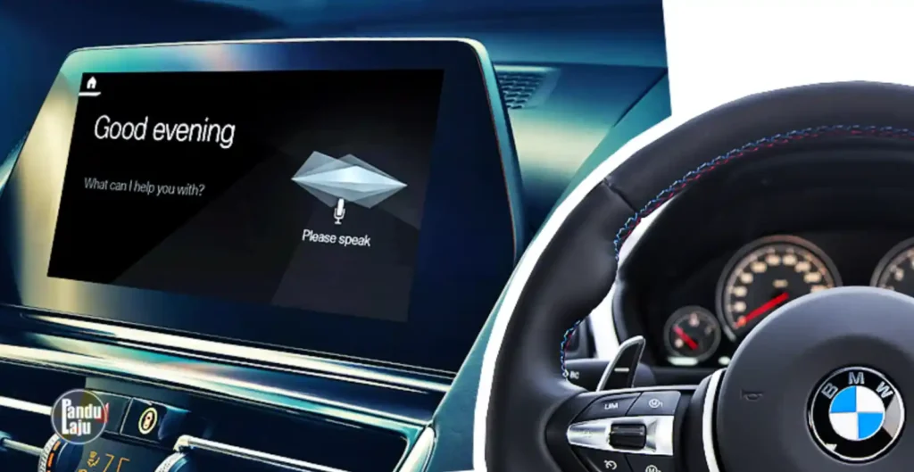 M 로고가 있는 BMW 스티어링 휠과 'Hey BMW' 음성 비서가 활성화된 iDrive 7 시스템 화면의 합성 이미지