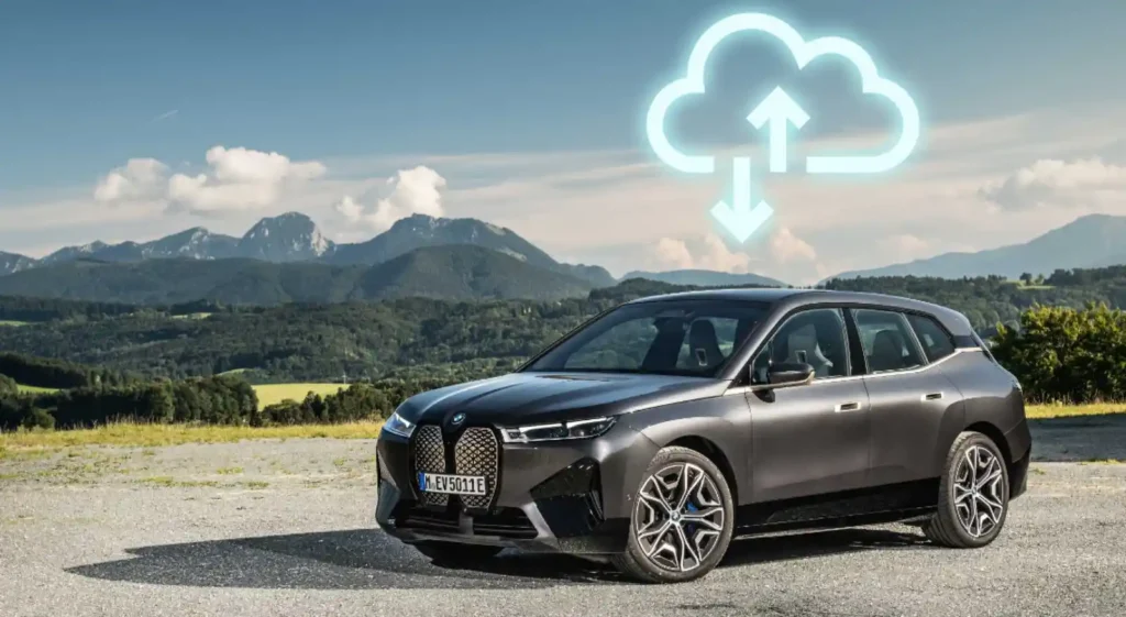 BMW iX 전기차와 무선(OTA) 소프트웨어 업데이트를 상징하는 클라우드 및 화살표 그래픽 합성 이미지