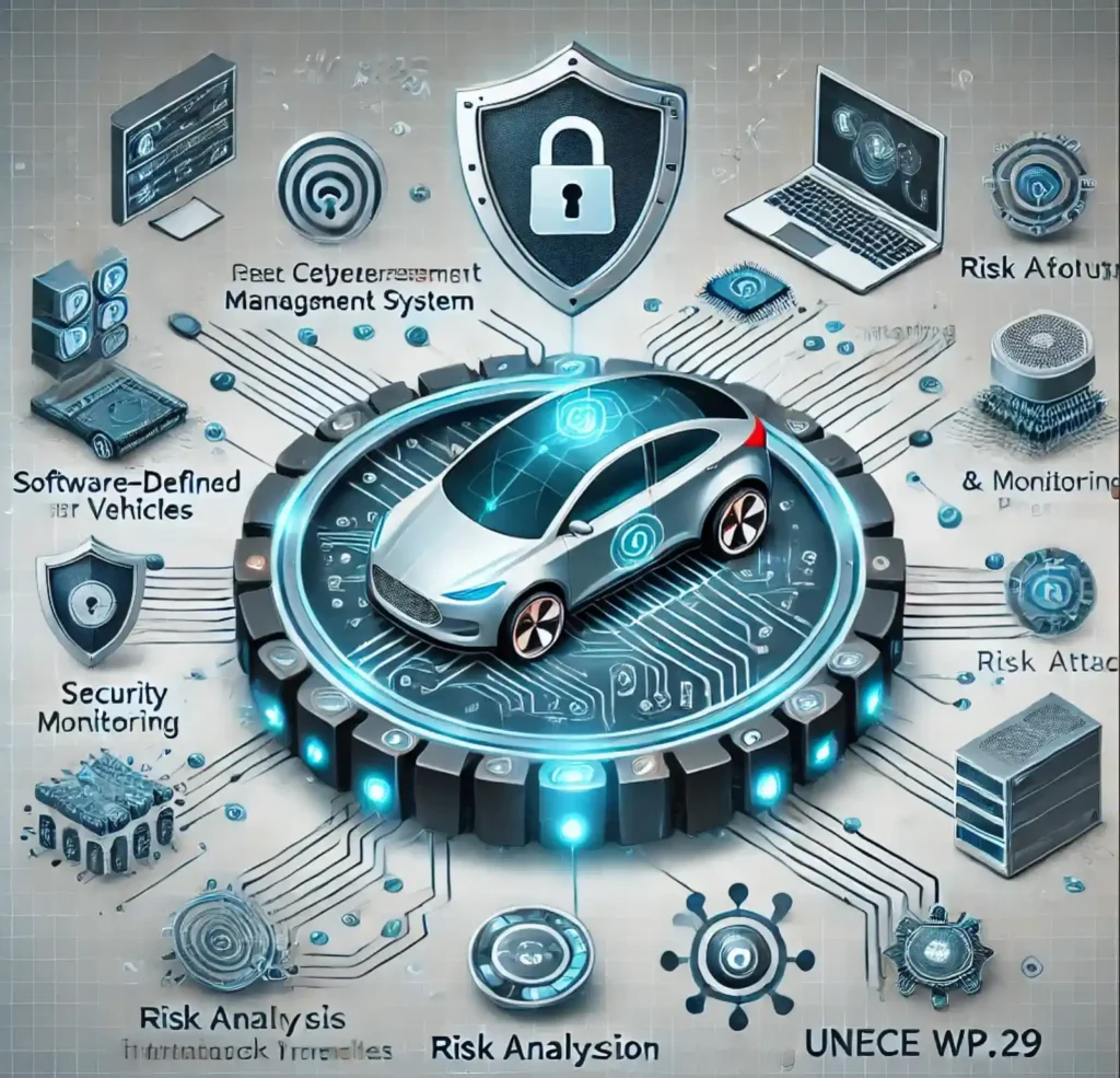 소프트웨어 정의 차량(SDV)의 사이버 보안 생태계 다이어그램. 차량을 중심으로 보안, 리스크 분석, 모니터링, UNECE WP.29 규정 등 다양한 보안 요소들이 연결된 모습