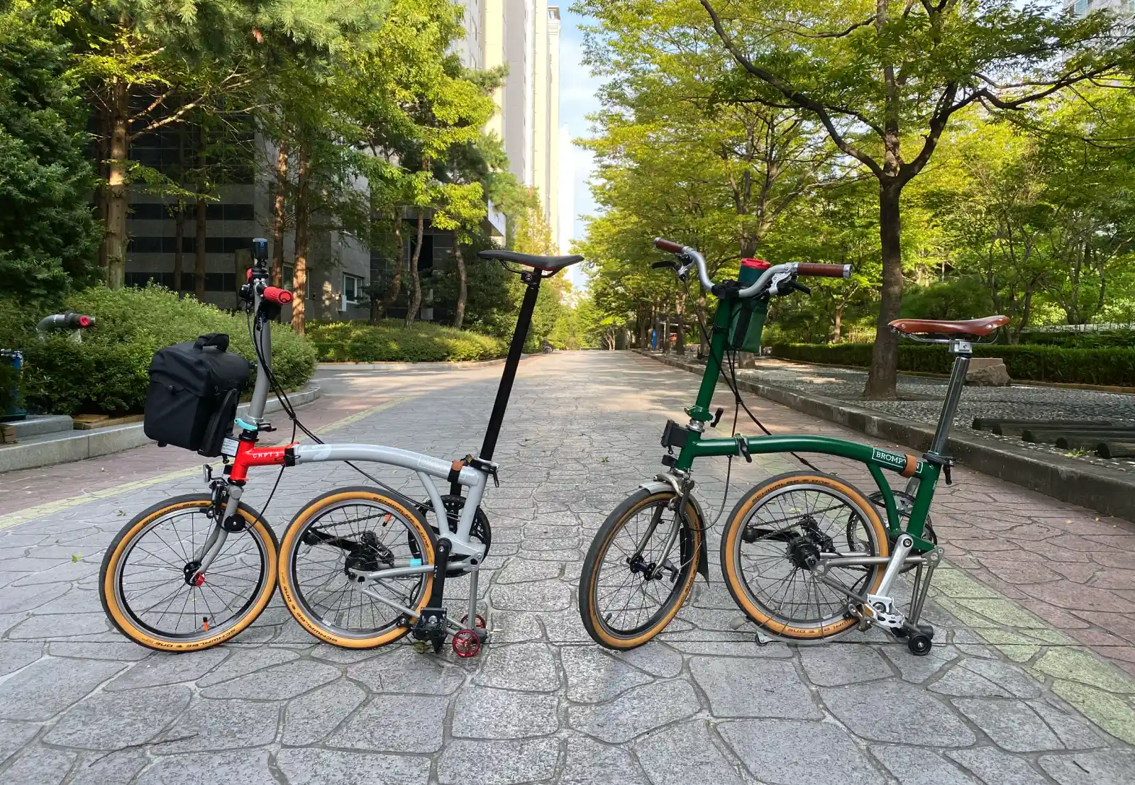 아파트 단지 내 가로수 길에 나란히 세워진 두 대의 브롬톤 자전거(CHPT3 V4, M4L 레이싱 그린). 각각 프론트 백, 이지휠, 가죽 안장 등 다른 액세서리가 장착되어 있다.