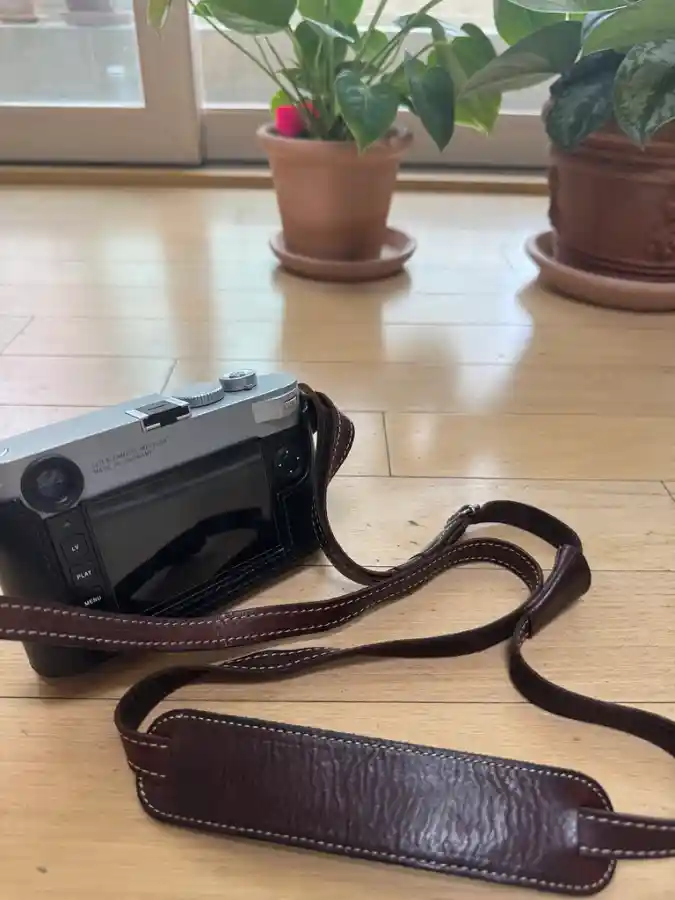 나무 바닥 위에 실버 색상의 라이카 M 카메라와 짙은 갈색의 가죽 넥스트랩이 놓여 있다. 카메라 뒤쪽으로는 화분에 담긴 초록 식물이 보인다.