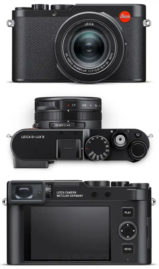 라이카 D-Lux 8 카메라의 전면, 상판, 후면 세 각도를 세로로 배열한 공식 제품 사진. 상판에 LEICA D-LUX 8 각인과 셔터 스피드 다이얼이 선명하게 보인다.