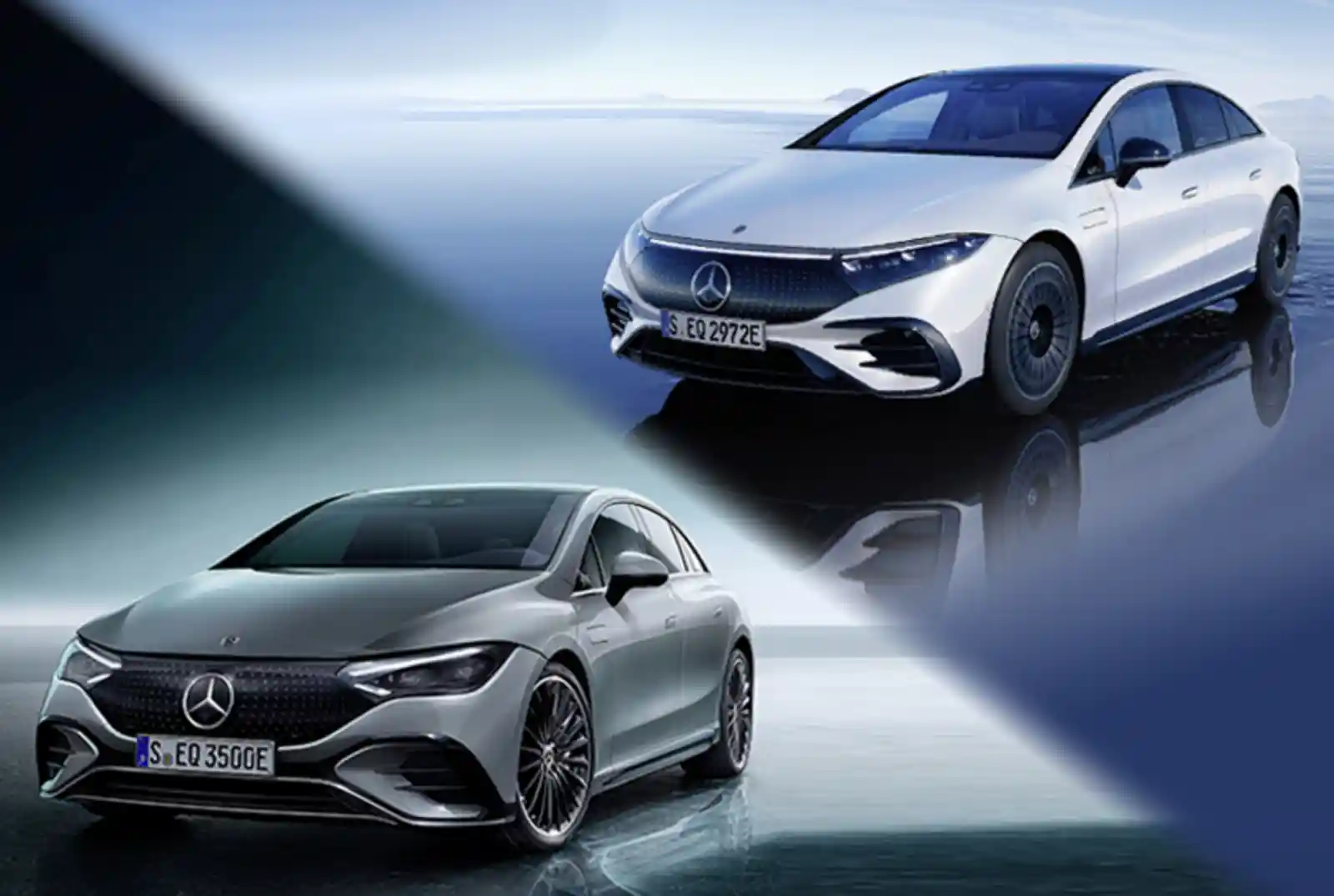 흰색 벤츠 EQS와 회색 벤츠 EQE 전기차가 함께 있는 이미지. 두 모델의 디자인과 실루엣을 비교하고 있습니다.