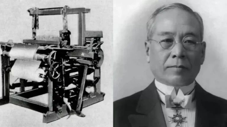 토요타 창업주 도요다 사키치와 그가 발명한 자동직기(자동화 직기)를 나란히 보여주는 흑백 사진