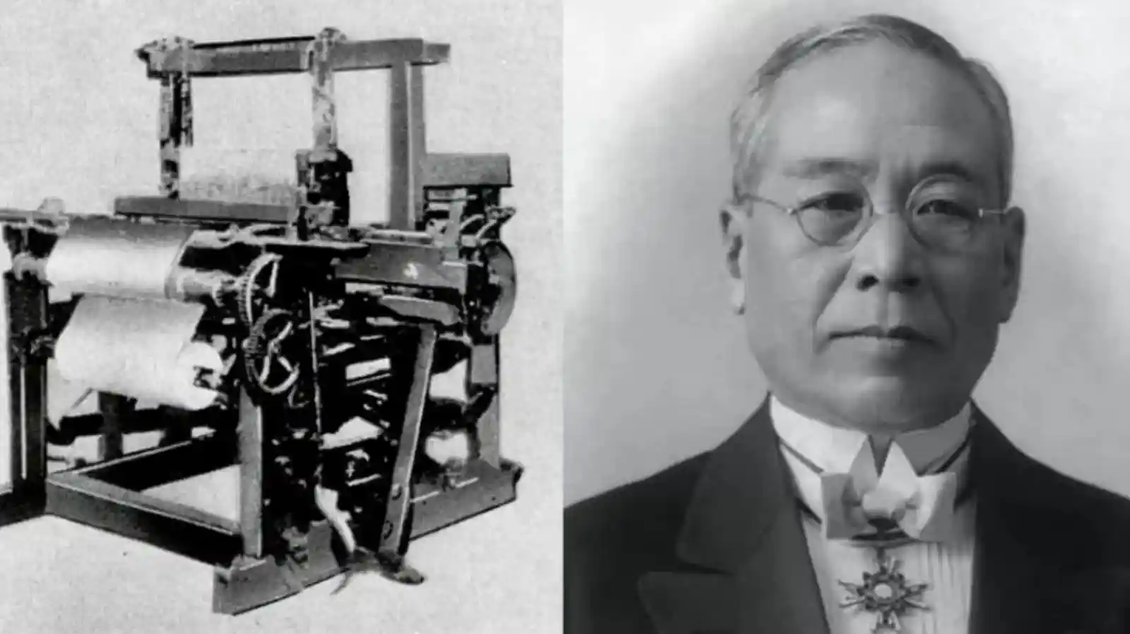 토요타 창업주 도요다 사키치와 그가 발명한 자동직기(자동화 직기)를 나란히 보여주는 흑백 사진