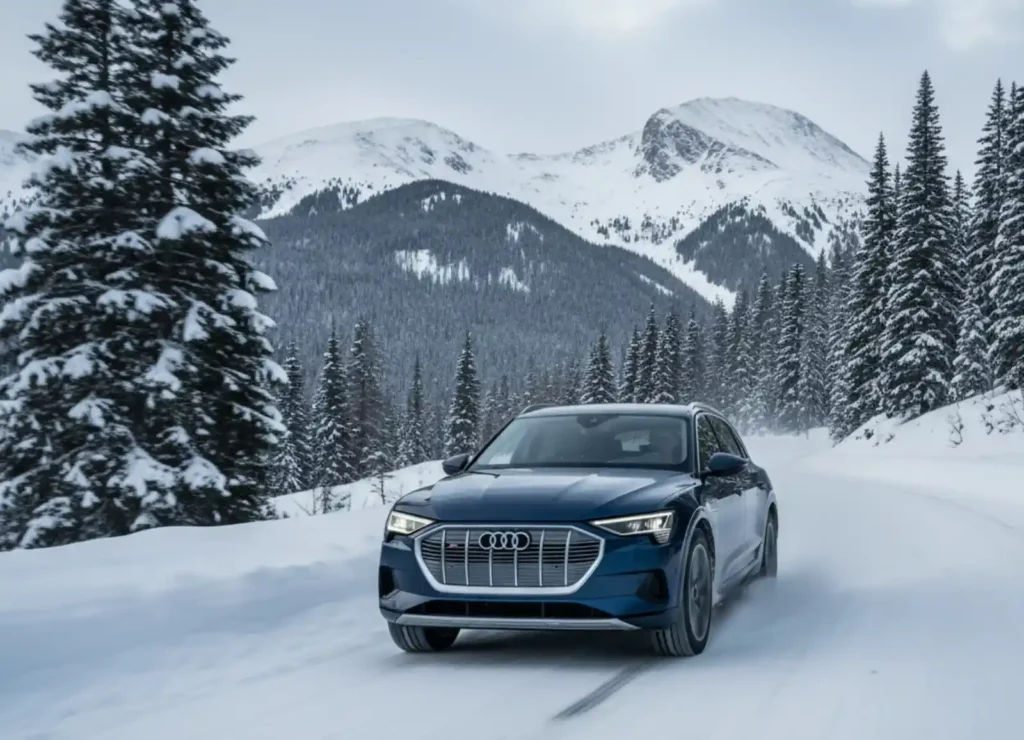 눈 덮인 산악 도로를 달리는 파란색 아우디 e-트론 SUV. 겨울철 험난한 도로 조건에서 e-콰트로 사륜구동 시스템의 성능을 보여주는 주행 장면