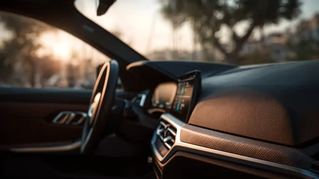 BMW 3시리즈 운전석 실내 샷, 브라운/블랙 고급스러운 인테리어 트림과 스티어링 휠, 햇살이 비치는 아늑한 운전 공간.