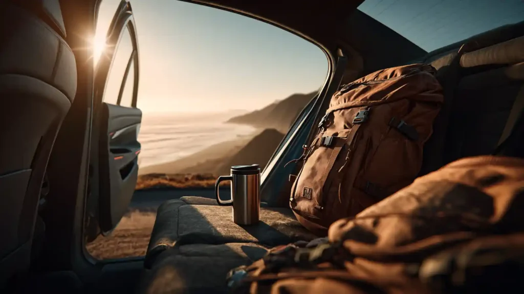 BMW 3시리즈 뒷좌석에 놓인 여행 가방과 텀블러, 차창 밖으로 보이는 아름다운 해안선과 노을, 차량 선택은 곧 라이프스타일의 반영.