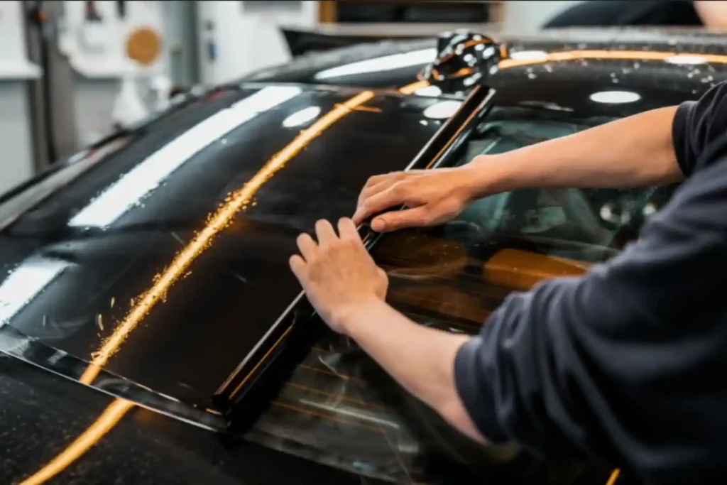 전문 기술자가 BMW 차량의 곡면 유리에 틴팅 필름을 정밀하게 부착하는 시공 과정