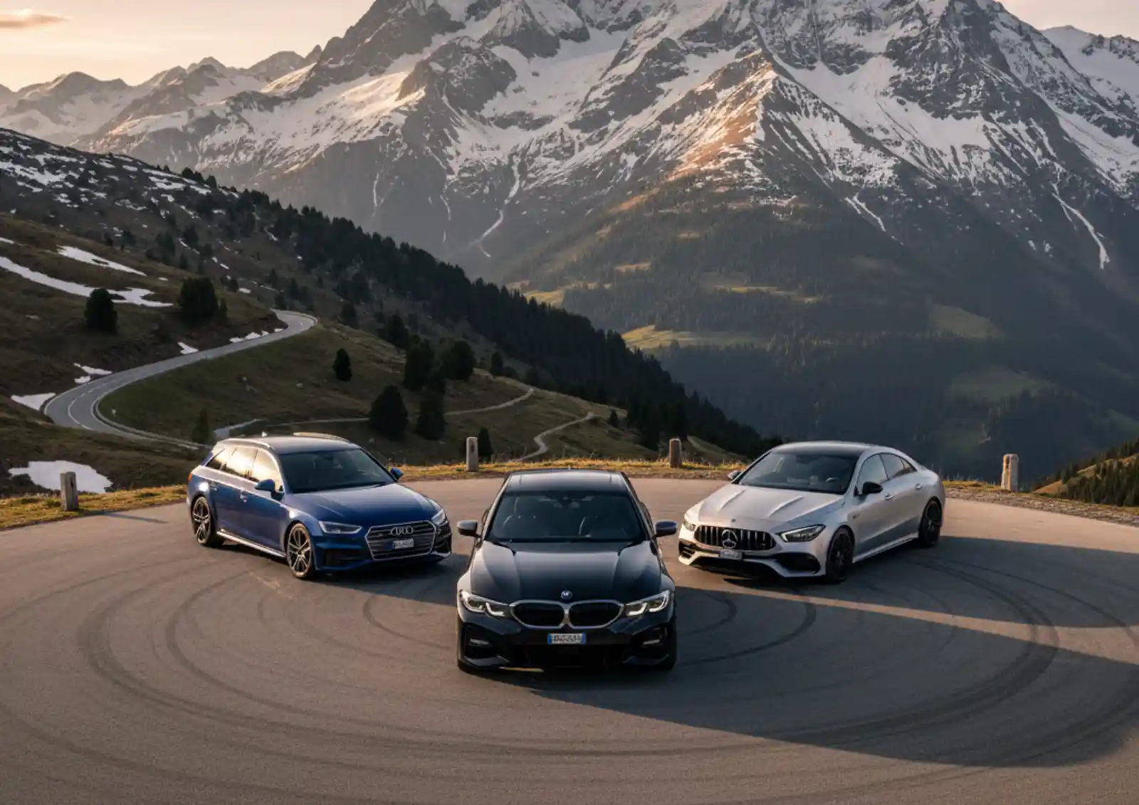 스위스 알프스의 구불구불한 도로 위에 BMW M340i, 아우디 RS4 아반트, 벤츠 CLA 45 S 세 대의 자동차가 삼각 편대로 서 있다. 배경으로는 해질녘 빛을 받은 웅장한 설산이 보인다.