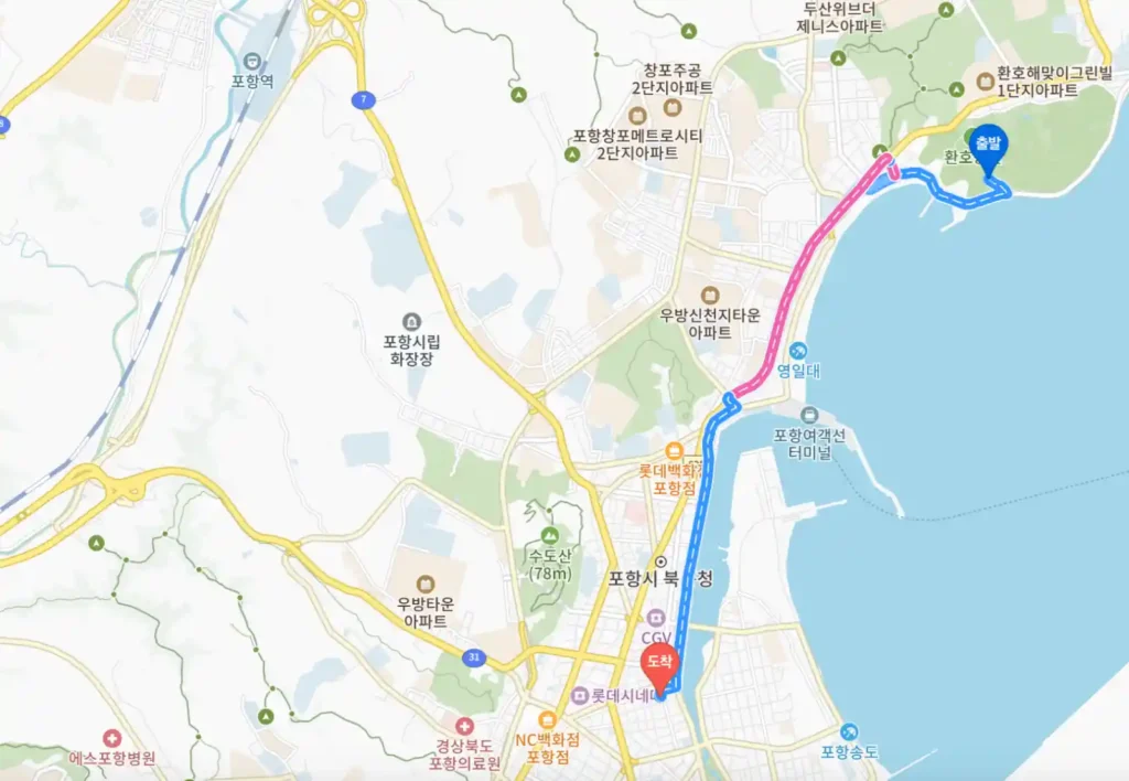 포항 영일대에서 죽도시장까지 브롬톤 라이딩 코스를 표시한 지도