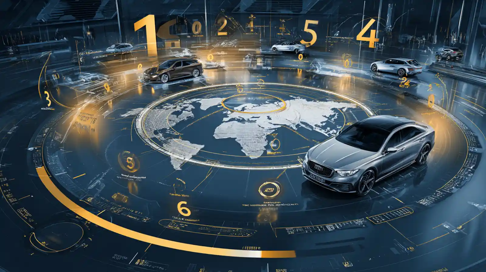 2024년 글로벌 자동차 제조사 판매량 순위를 보여주는 미래형 홀로그램 인포그래픽, 중앙 세계지도 주변에 1위부터 10위까지 골든 넘버와 함께 배치된 다양한 자동차들, 프리미엄 자동차 전시장 배경