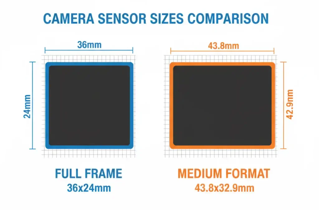 풀프레임 36x24mm와 미디움 포맷 43.8x32.9mm 센서 크기 비교 인포그래픽