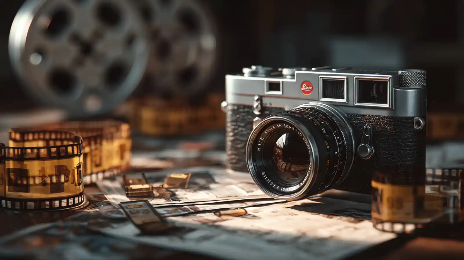 라이카 카메라와 영화 필름이 함께 배치된 시네마틱 스틸라이프, 따뜻한 보케 조명과 필름 릴이 있는 영화적 구성