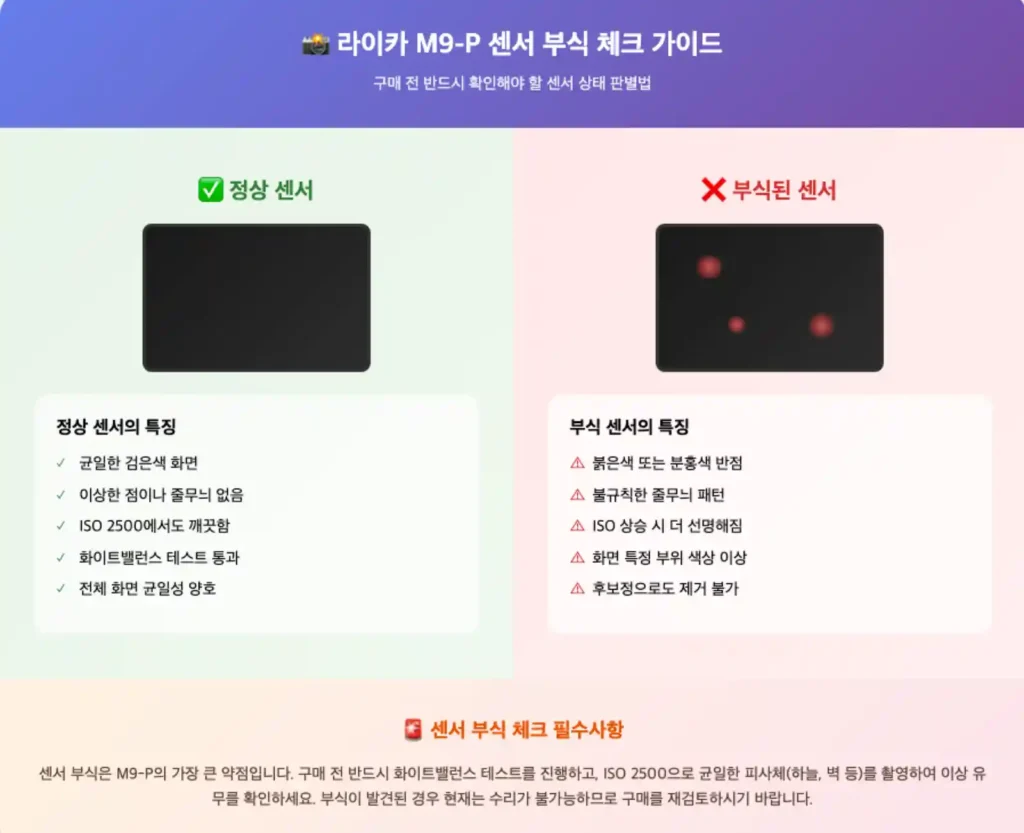 라이카 M9-P 센서 부식 체크 가이드 인포그래픽, 정상 센서와 부식된 센서의 비교 및 각각의 특징을 설명하는 체크리스트