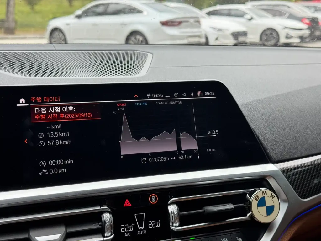 BMW M340i 트립컴퓨터 컴포트 모드 62.1km 주행 연비 13.5km/l 평균속도 57.8km/h