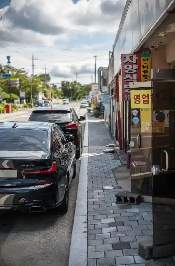 영천댐 자양면 마을 골목길에 주차된 BMW M340i 뒷모습