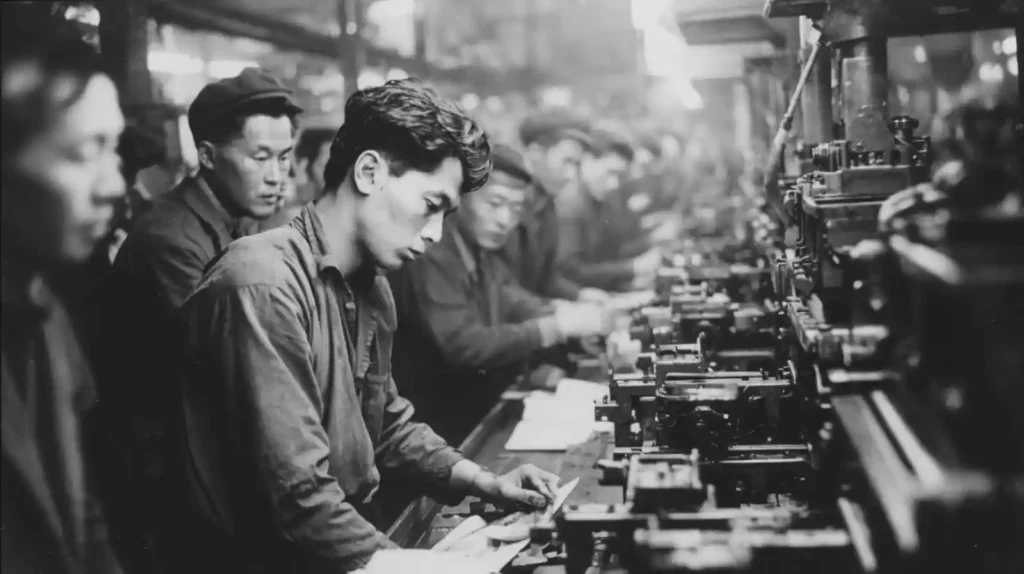 1940년대 공장에서 생산라인을 따라 기계 앞에서 작업하는 여러 작업자들의 흑백 이미지