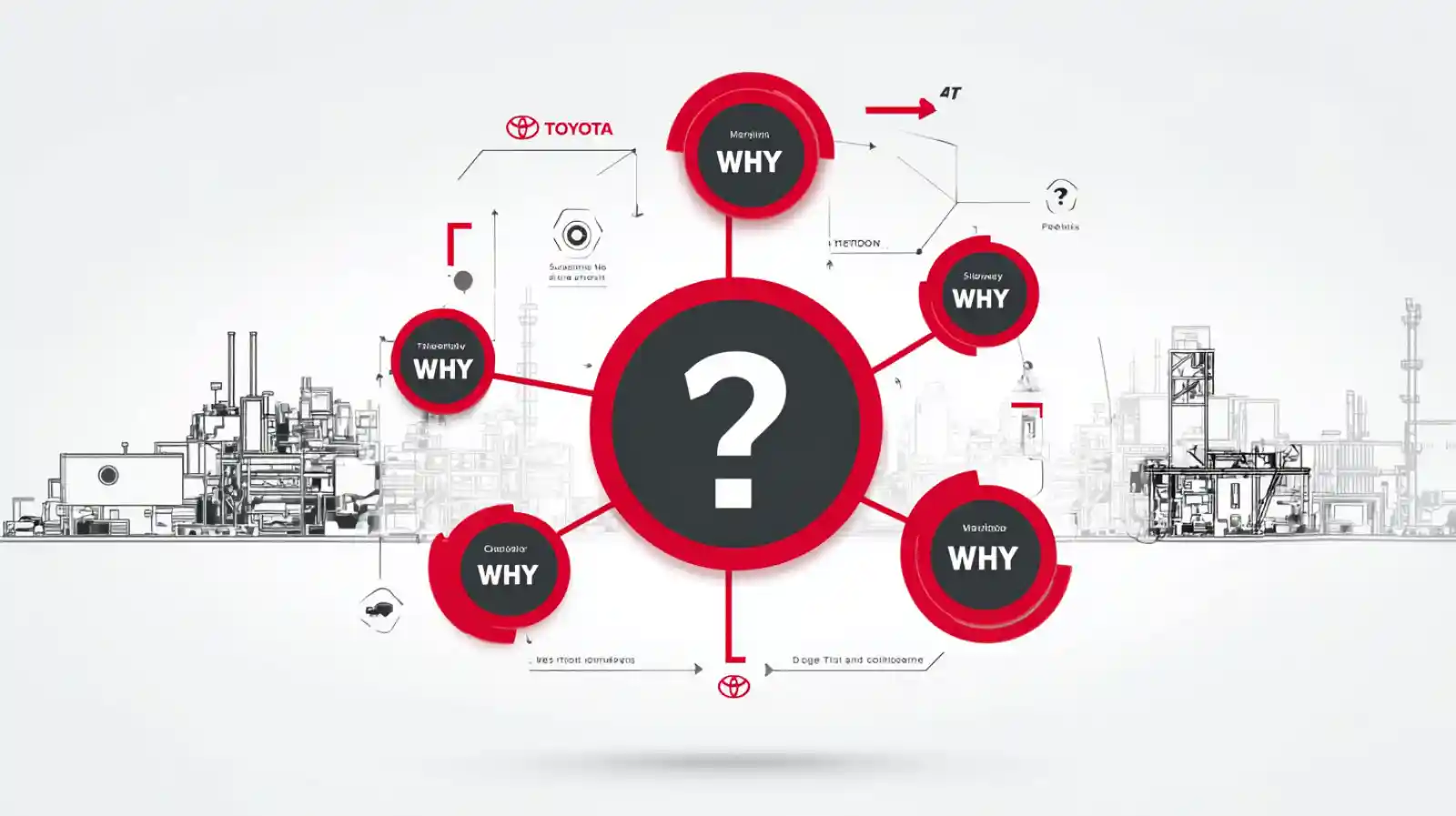 5 Whys 방법론을 보여주는 인포그래픽으로, 중앙의 큰 물음표 주변에 5개의 빨간색 원이 방사형으로 배치되어 각각 WHY가 적혀있고, 배경에는 산업 공장 실루엣이 있음