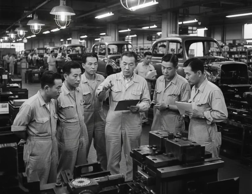 1950년대 토요타 공장에서 작업복을 입은 6명의 남성이 생산 라인에서 클립보드를 보며 집단 토론을 하는 흑백 이미지